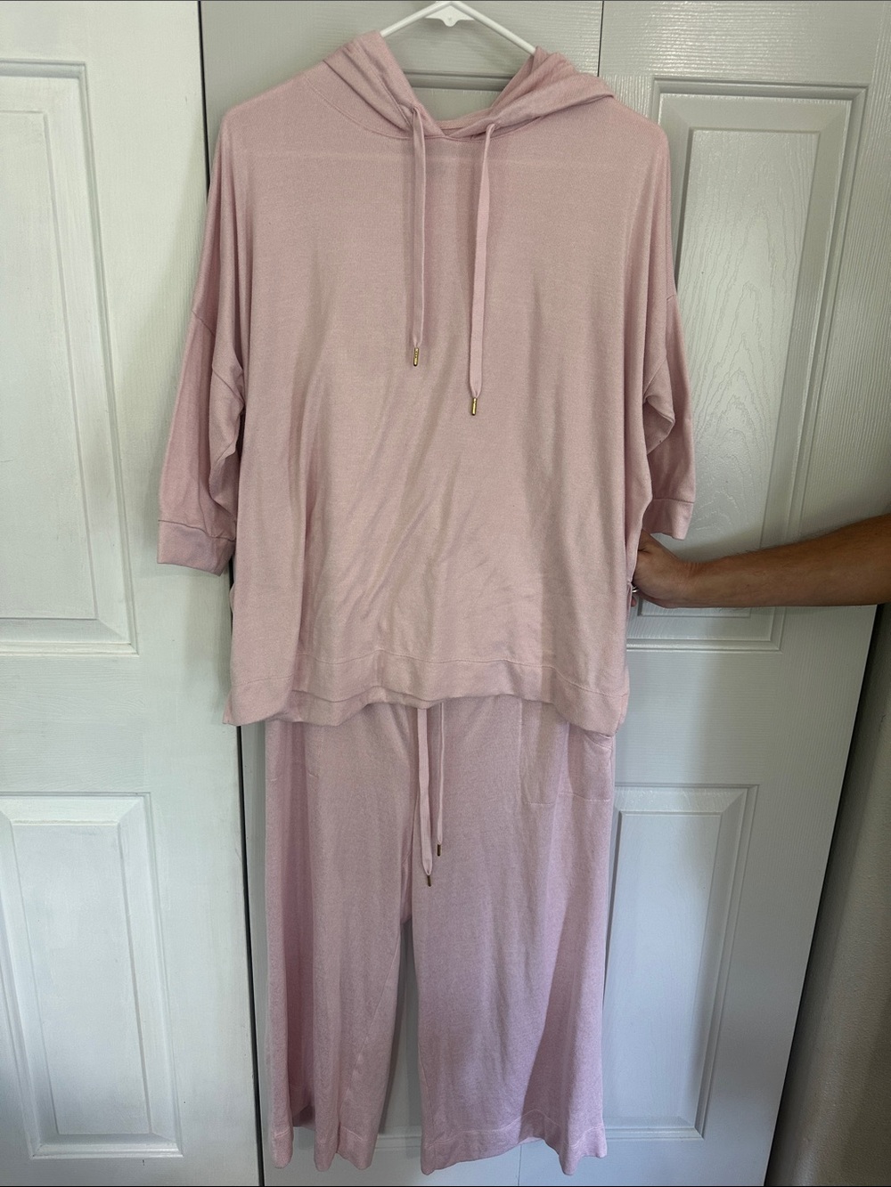 Donna Karan Light Blush Pink Hooded Pajama Set